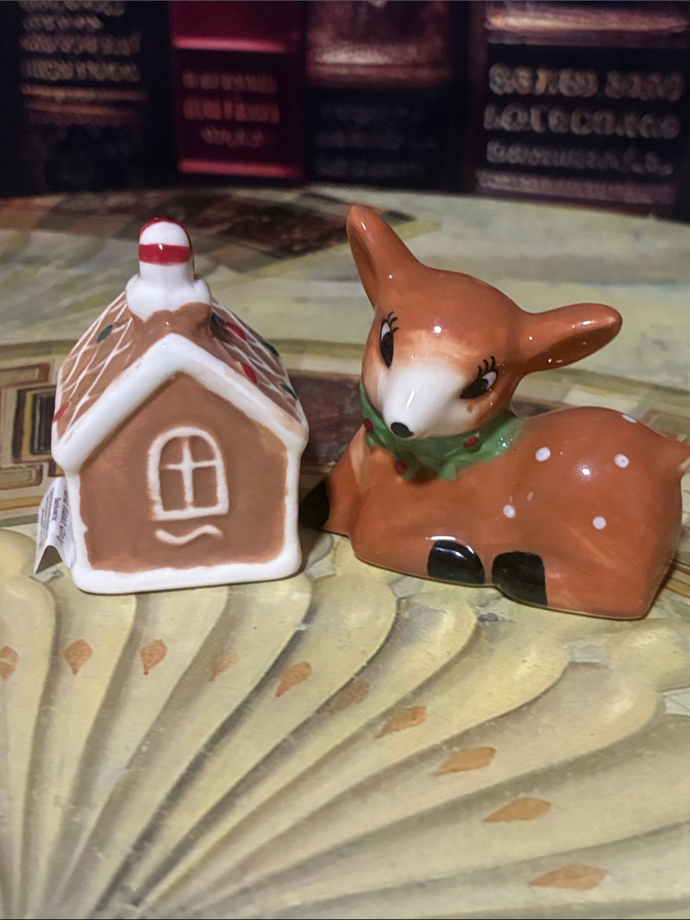 Gingerbread house and baby deer salt and pepper shaker set